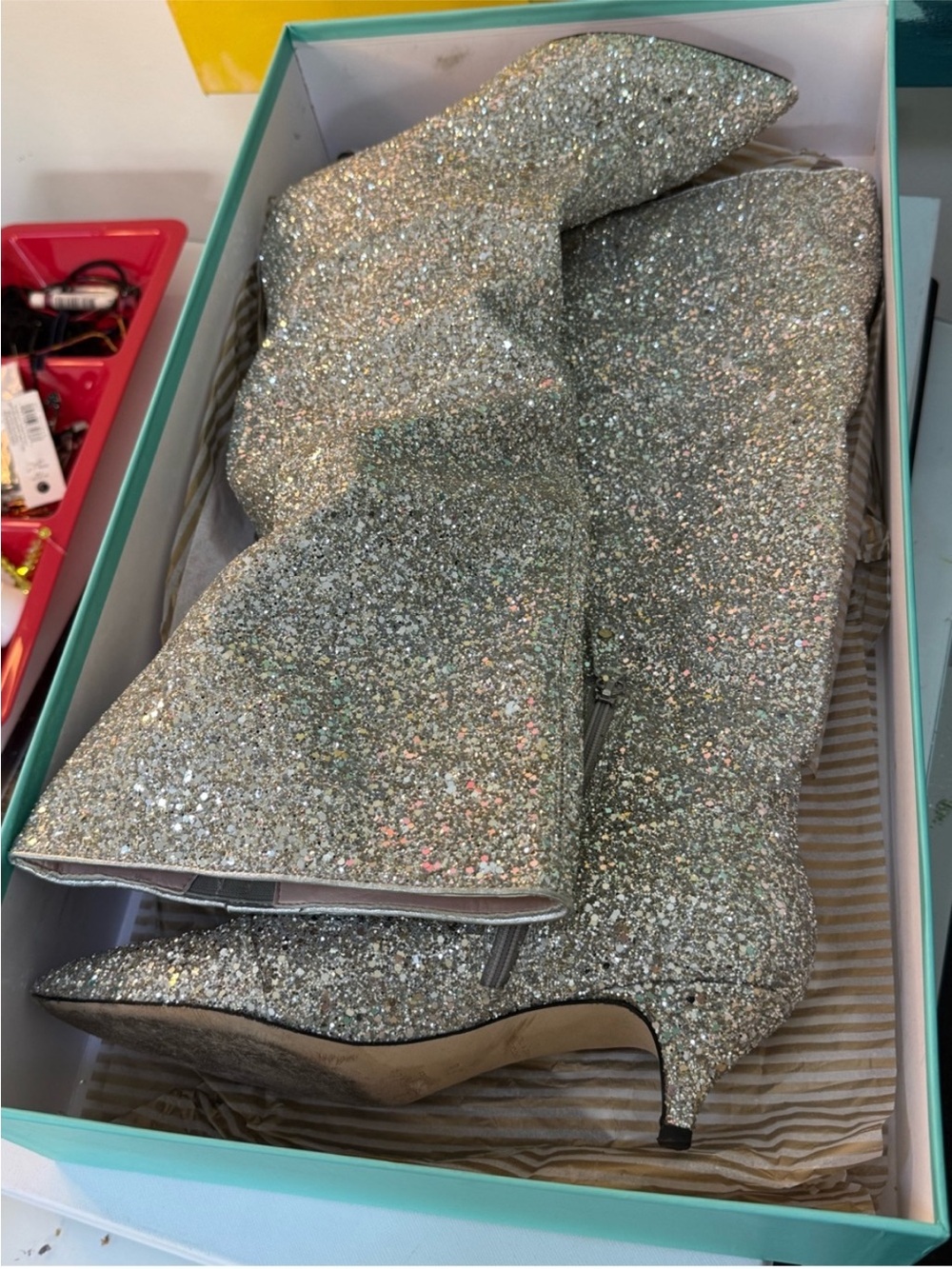 Kate Spade Olina Silver Glitter Tall Boots Kitten Heels In Box 8.5 - Picture 6 of 9